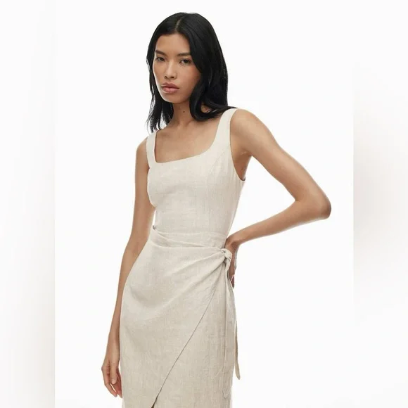 Aritzia Wilfred New Saturn Natural Linen Wrap Midi Dress Size 10 - Picture 2 of 16